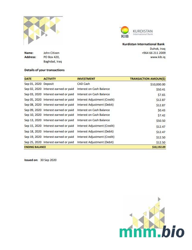 Iraq Islamic Bank For Investment & Development Bank statement Excel and PDF template